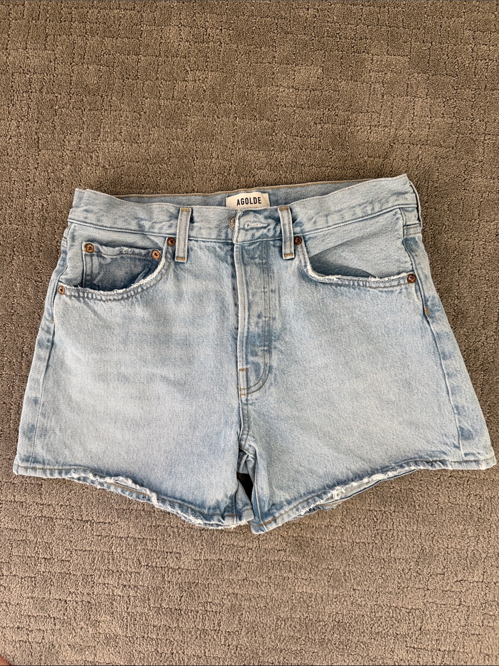 Agolde Light Wash Parker Long High-Rise Cutoff Denim Shorts